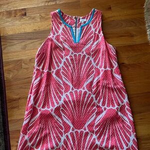 crown & ivy Coral and White Shell-Print Mini Dress with Teal Trim